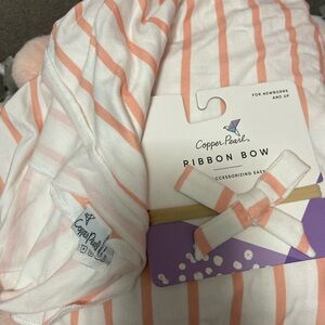 Copper Pearl Swaddle with headband, pink striped